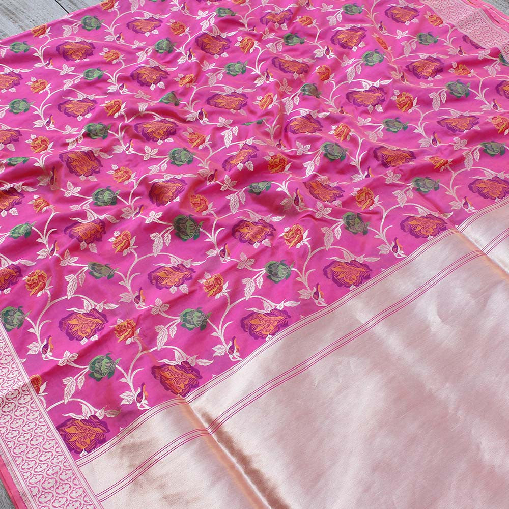 Peach-Gulabi Pink Pure Katan Silk Banarasi Handloom Saree - Tilfi