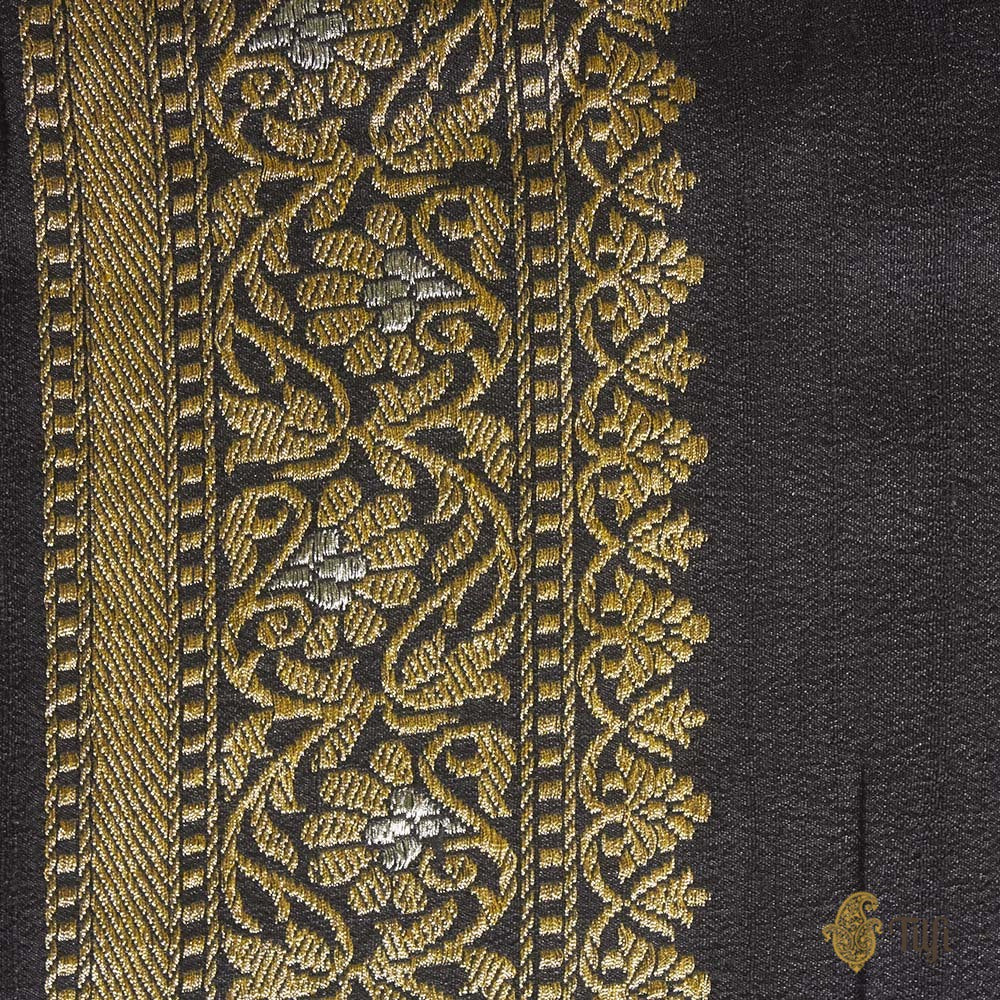 Gray-Black Pure Tussar Georgette Silk Banarasi Handloom Saree - Tilfi