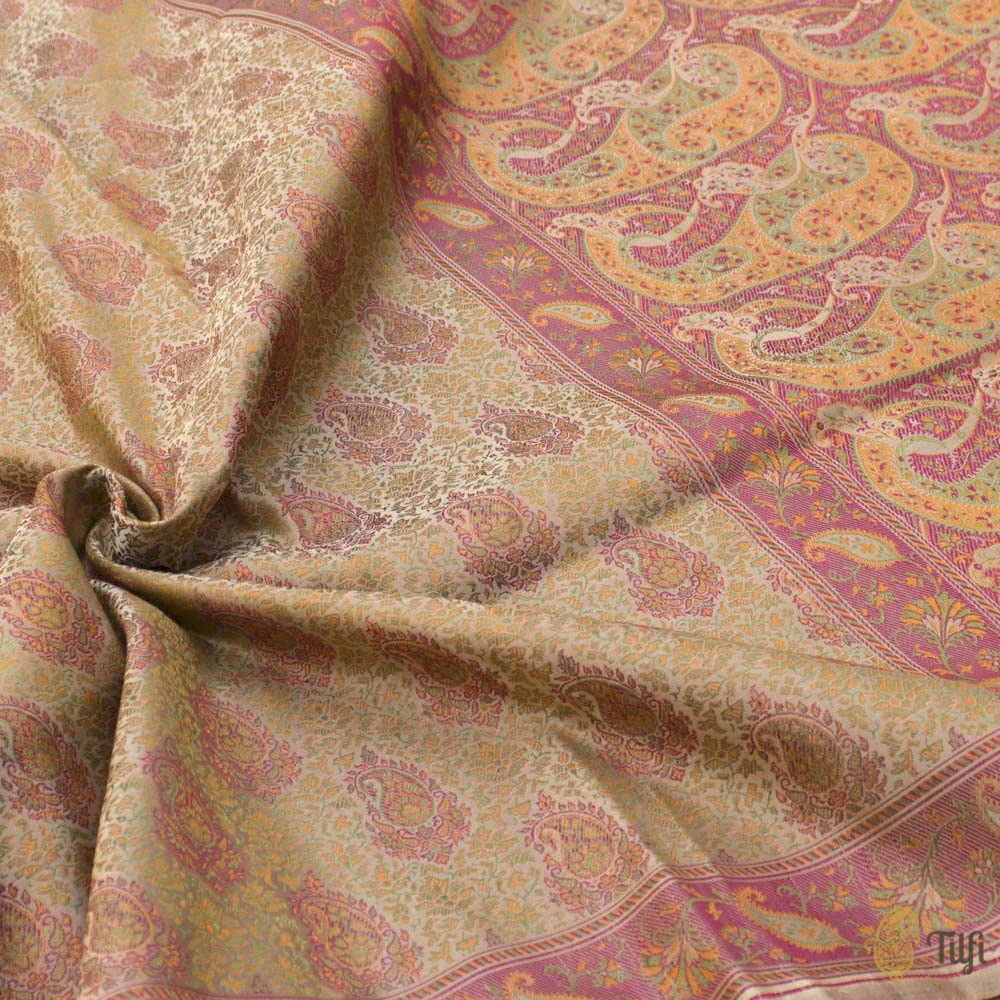Beige Pure Soft Satin Silk Tanchoi Jamawar Banarasi Handloom Saree - Tilfi