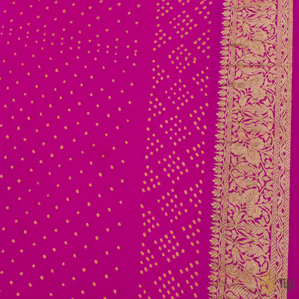 Orange-Fuchsia Pink Pure Georgette Banarasi Bandhani Handloom Saree - Tilfi
