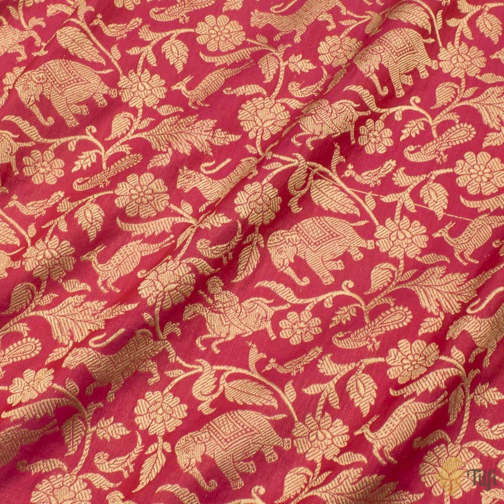 Gulabi Pink-Red Pure Katan Silk Banarasi Shikargah Handloom Saree - Tilfi
