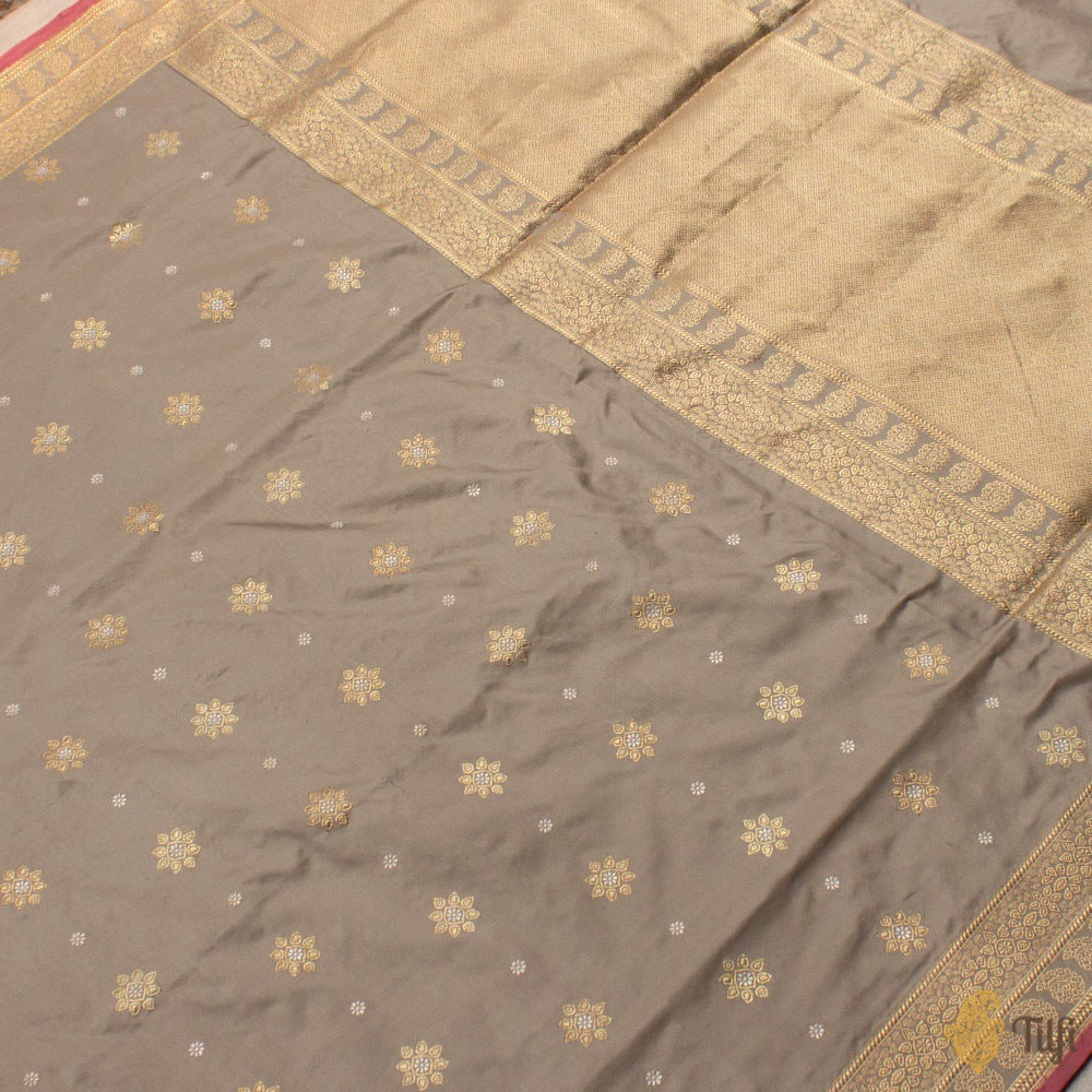 Grey Pure Katan Silk Banarasi Handloom Saree - Tilfi