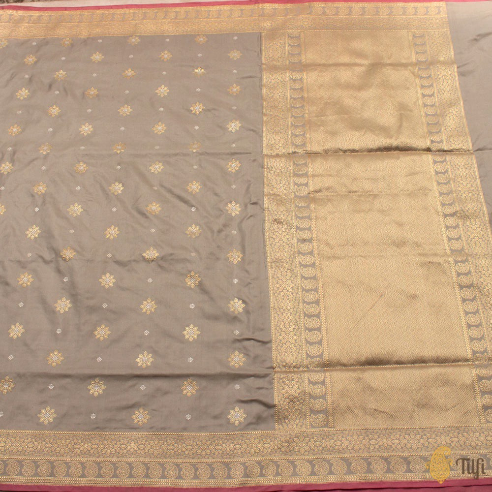 Grey Pure Katan Silk Banarasi Handloom Saree - Tilfi