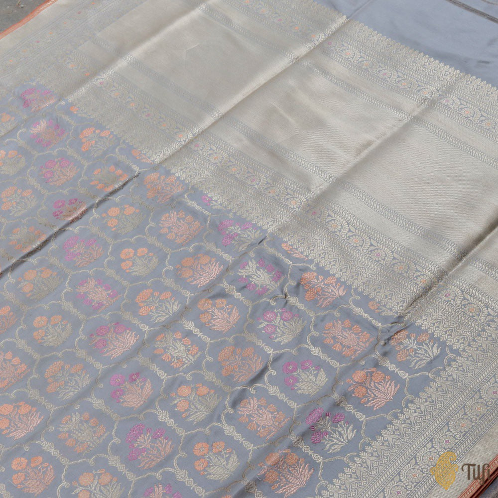 Grey Pure Katan Silk Banarasi Handloom Jangla Saree - Tilfi