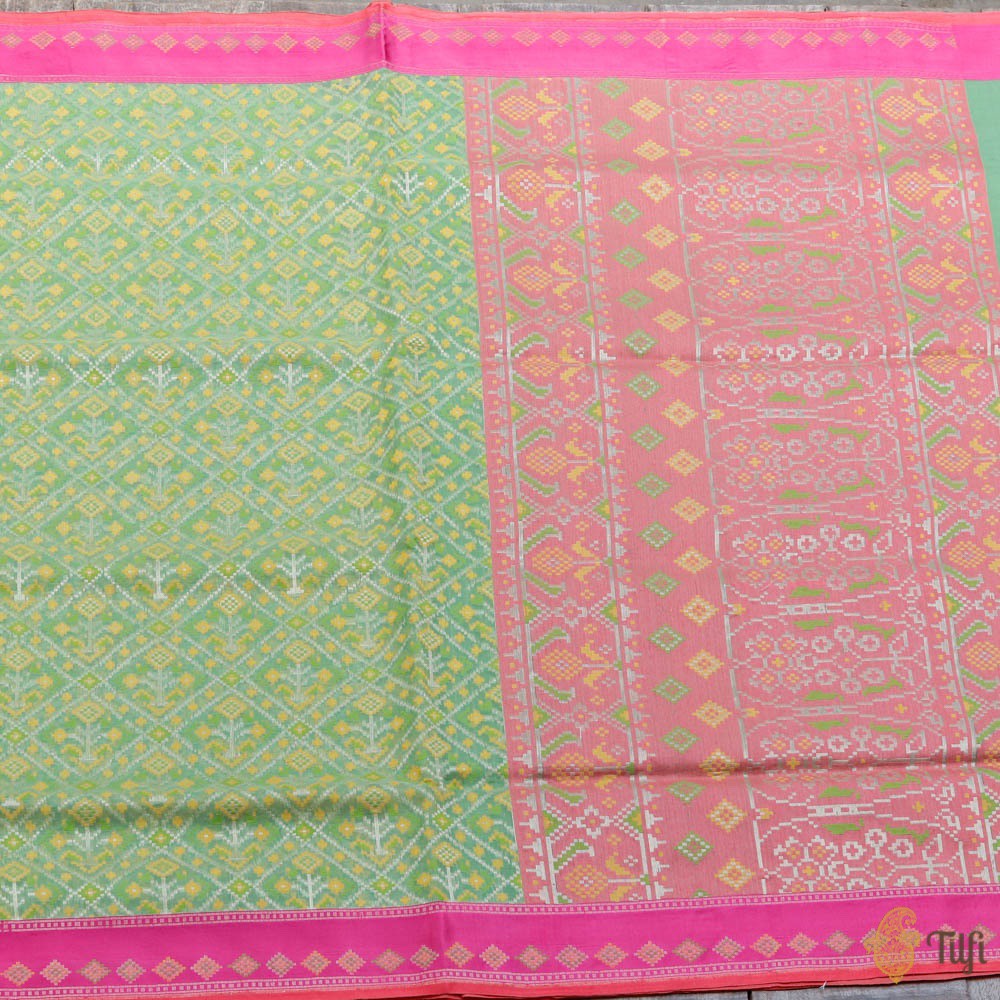 Green Pure Kora Silk by Cotton Banarasi Handloom Saree - Tilfi