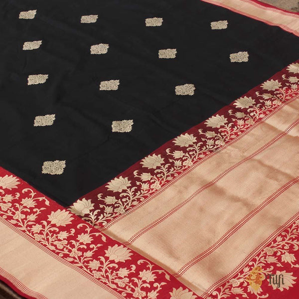 Black-Red Pure Katan Silk Banarasi Kadiyal Handloom Saree - Tilfi