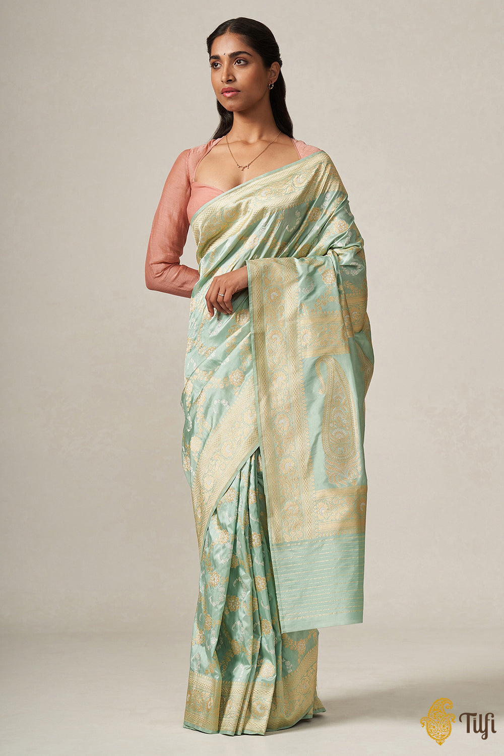 Frosty Mint Pure Katan Silk Banarasi Handloom Saree - Tilfi