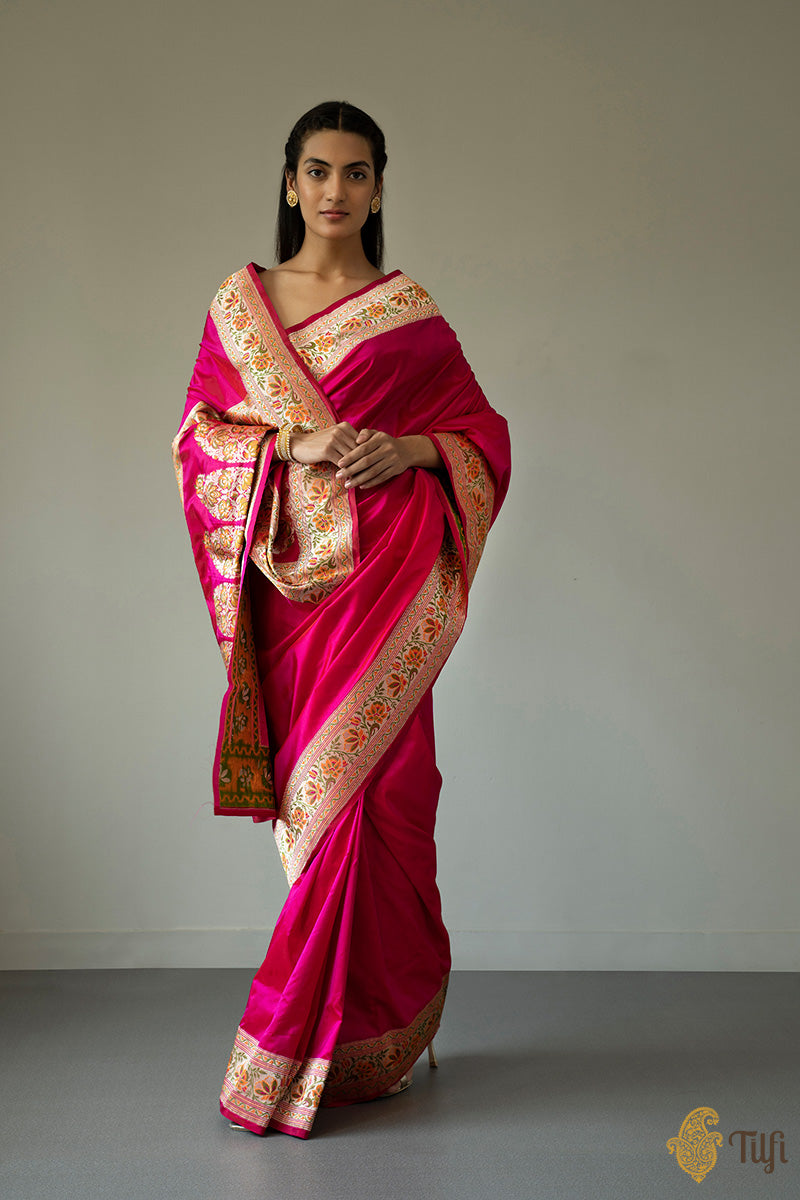 Red-Rani Pink Pure Katan Silk Banarasi Handloom Saree - Tilfi