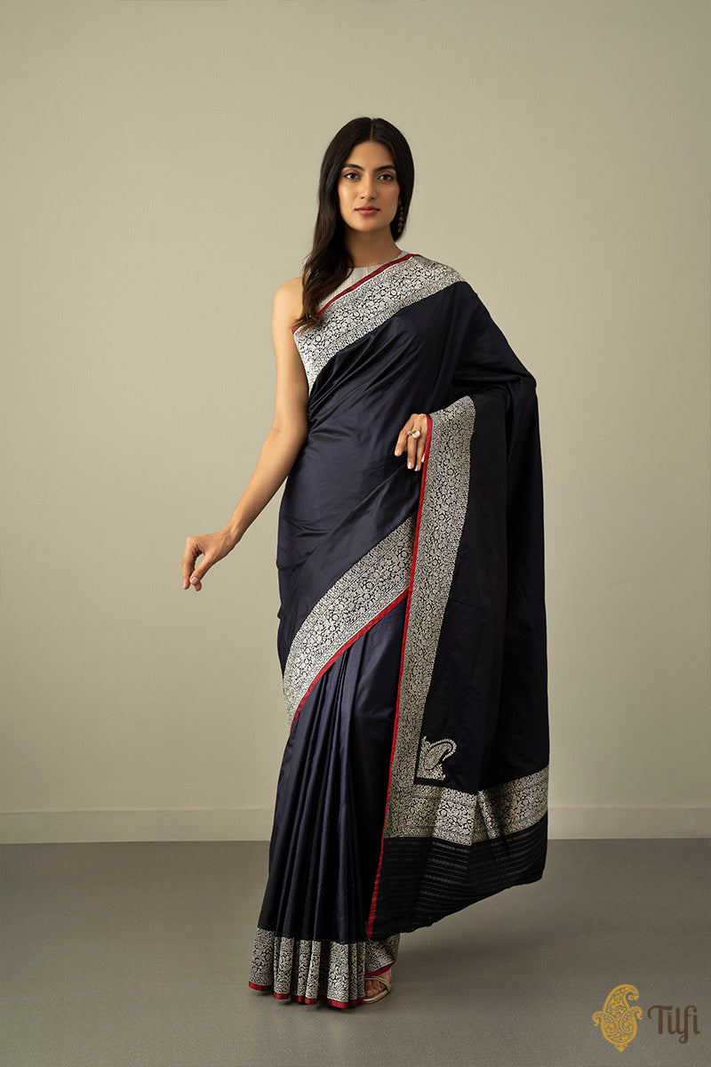 Navy Blue Pure Katan Silk Banarasi Handloom Saree - Tilfi