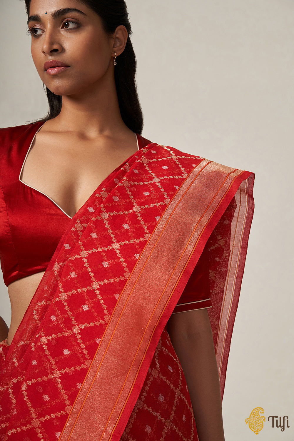 Meera' Red Pure Cotton Jamdani Real Zari Banarasi Handloom Saree ...