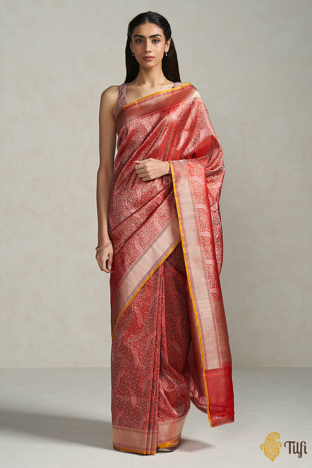Lakshmi' Old Rose Pure Soft Satin Silk Banarasi Handloom Saree - Tilfi