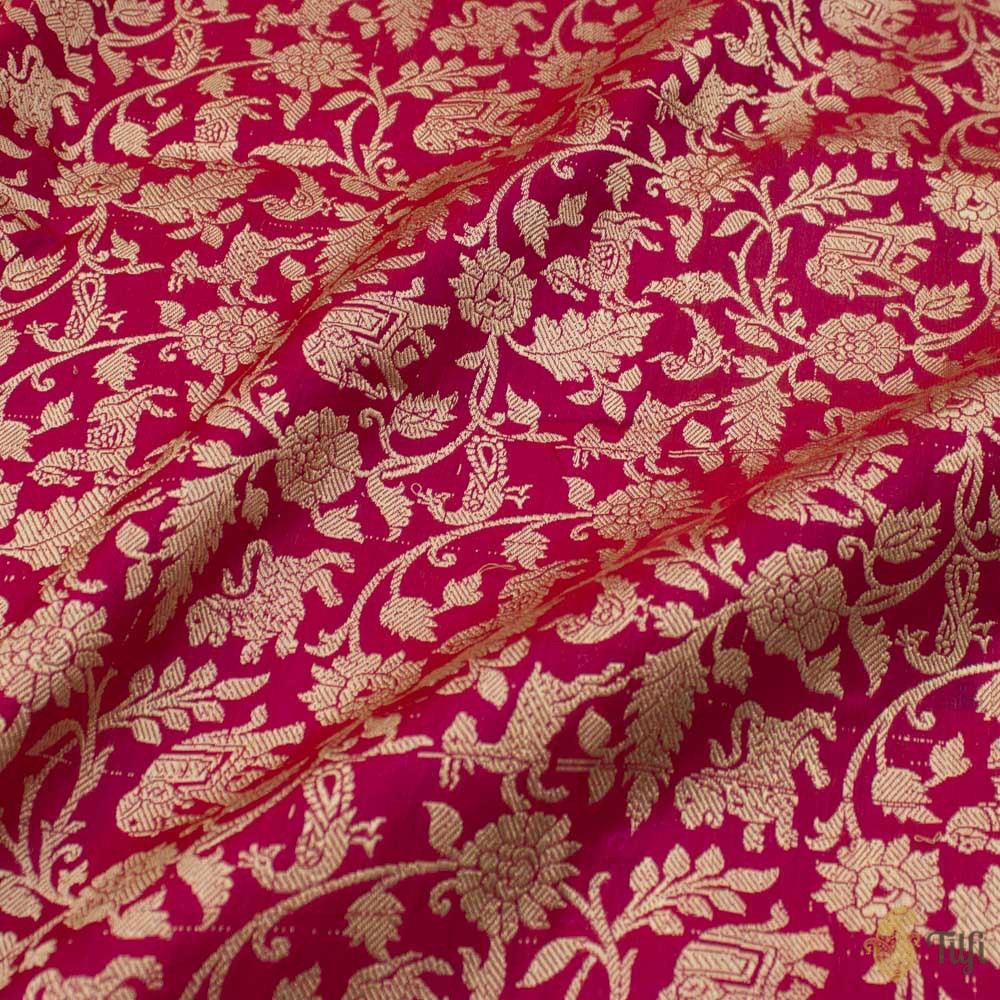 Red-Rani Pink Pure Satin Silk Banarasi Handloom Fabric - Tilfi