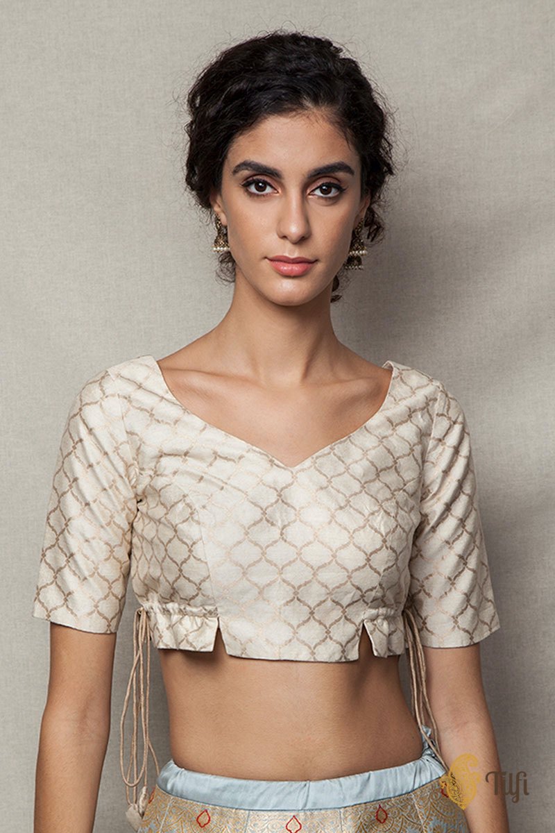 Ivory-Gold Zari Jaal Drawstring Blouse - Tilfi