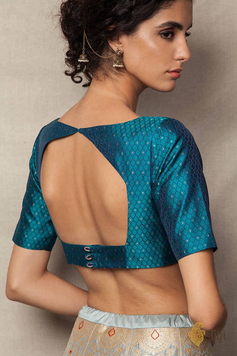 Teal Green Tanchoi Boat Neck Blouse - Tilfi