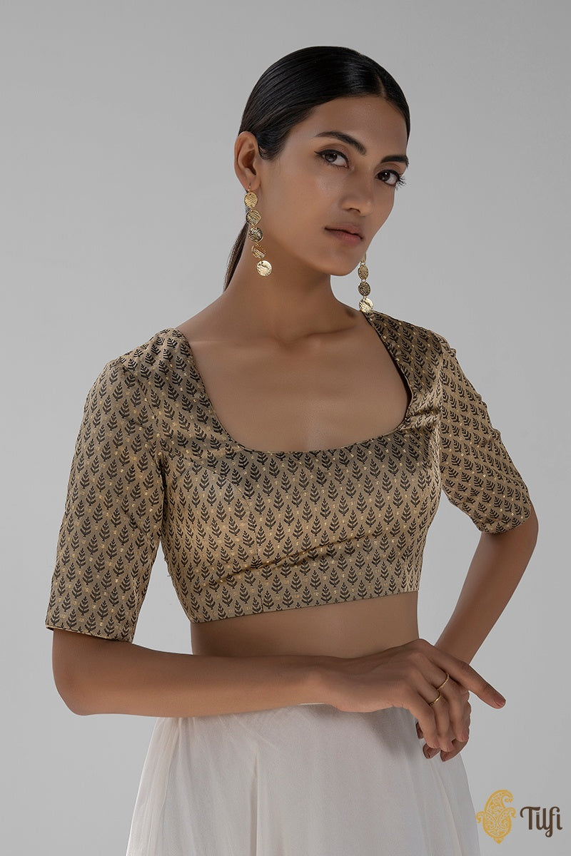 Beige-Black Pure Soft Satin Silk Handloom Banarasi Tanchoi Blouse ...