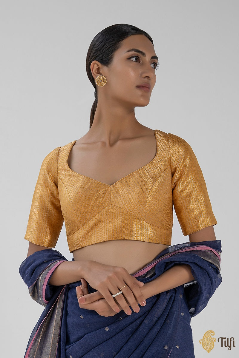 Mustard Yellow Pure Katan Silk Handloom Banarasi Blouse - Tilfi