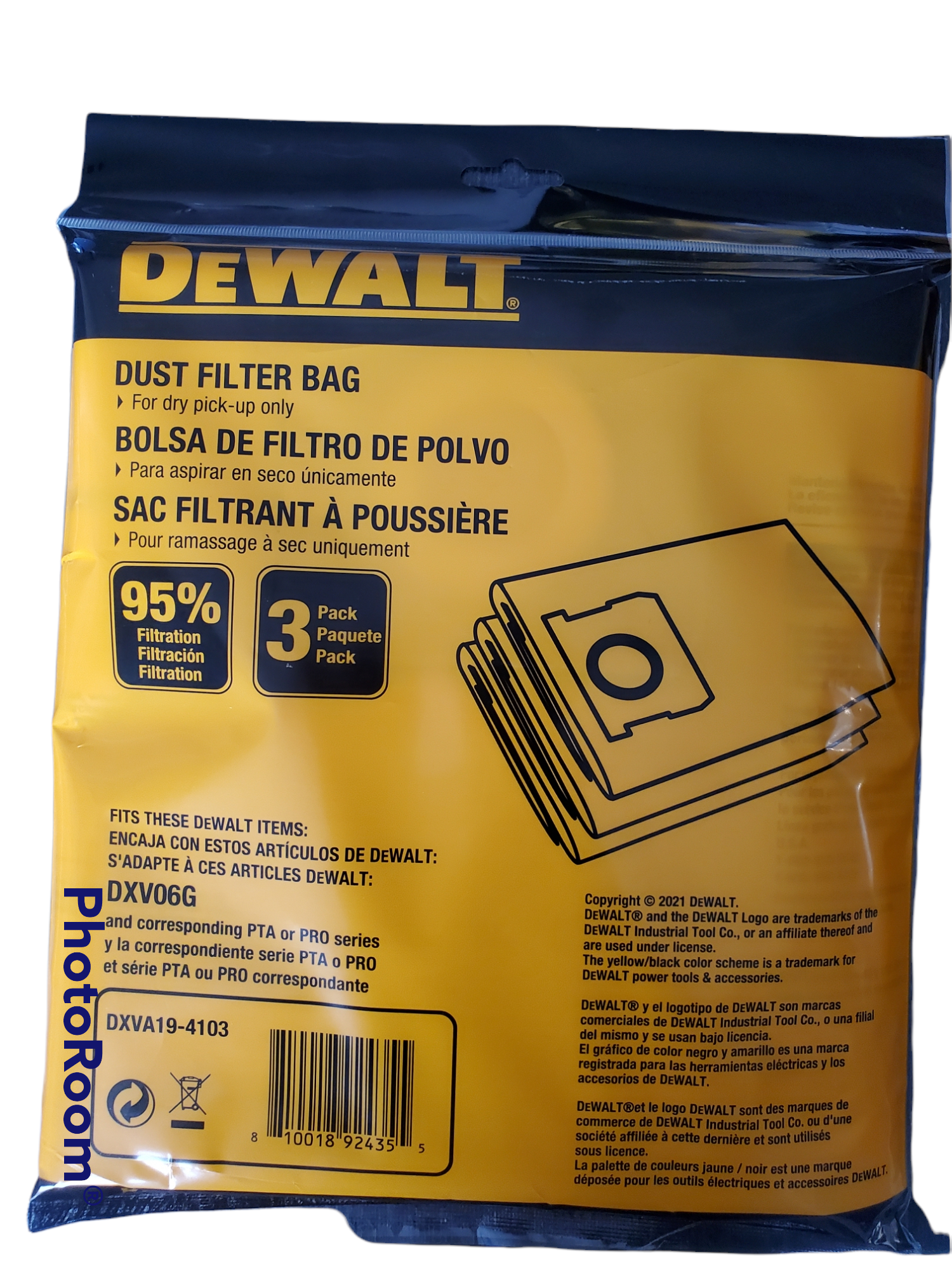 Sacs d'aspirateur jetables DeWalt, 6 à 10 gal, papier, paquet de 3  DXVA19-4101