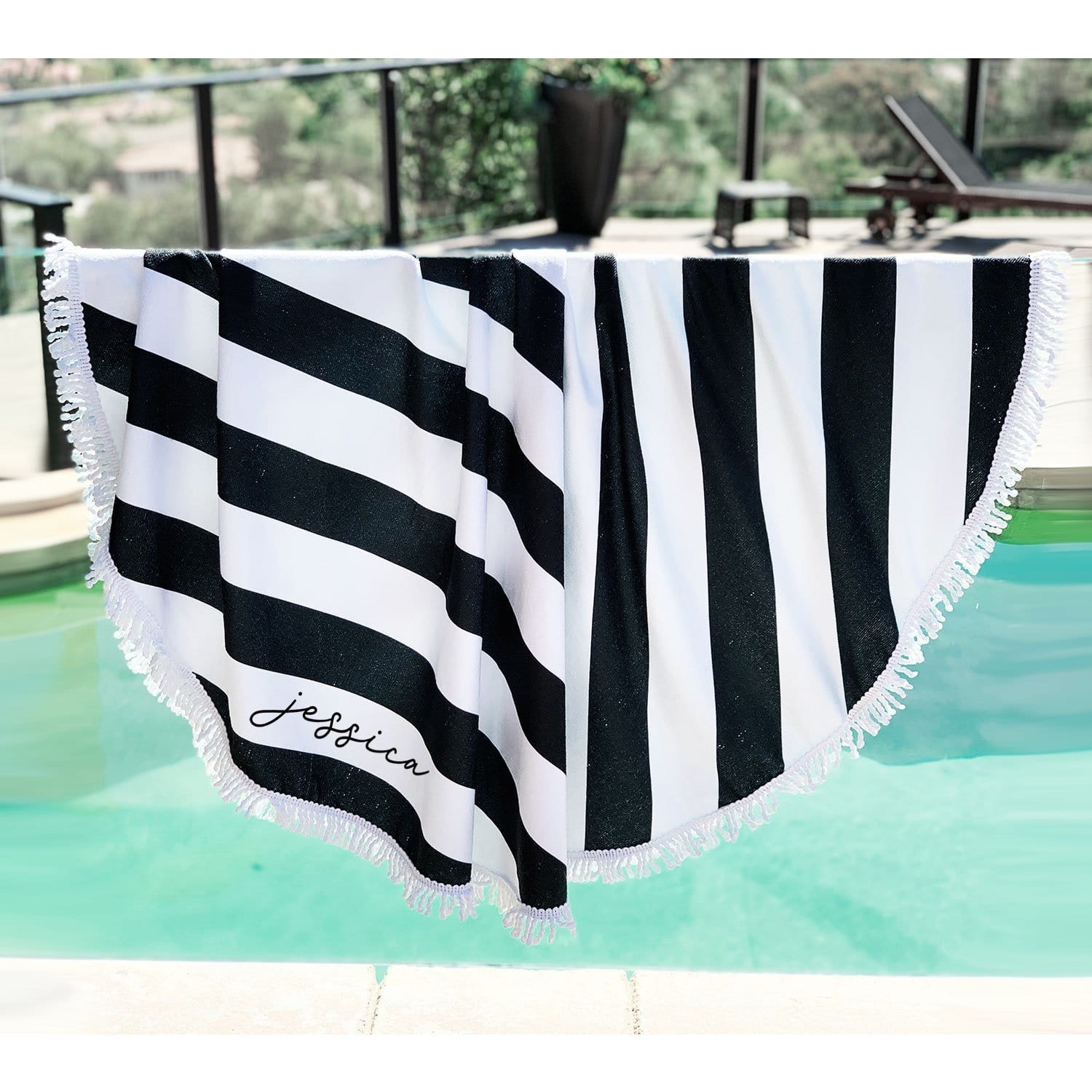 black and white striped beach towel