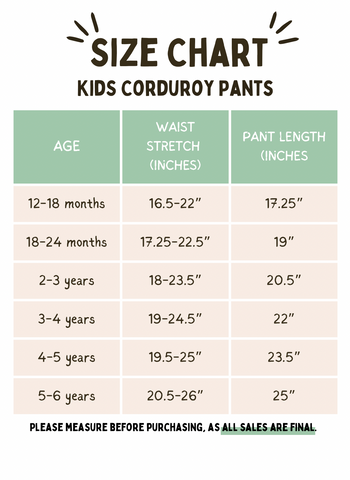 Corduroy Pants Size Chart | George Hats