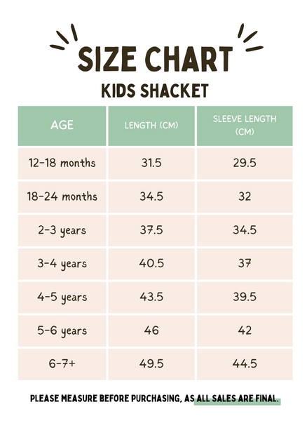 Kids Shacket Size Chart | George Hats