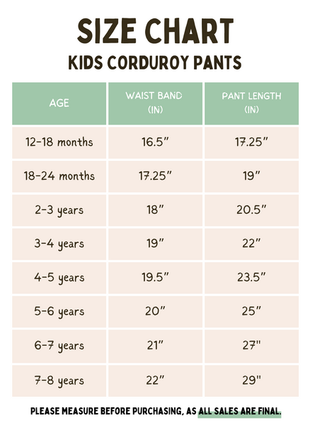 Corduroy Pants Size Chart | George Hats