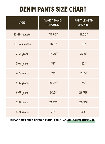 Kids Denim Pants Size Chart