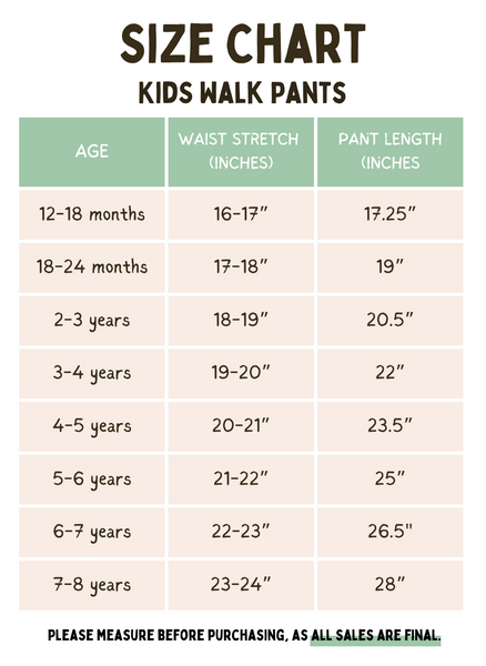 Kids Walk Pant size chart