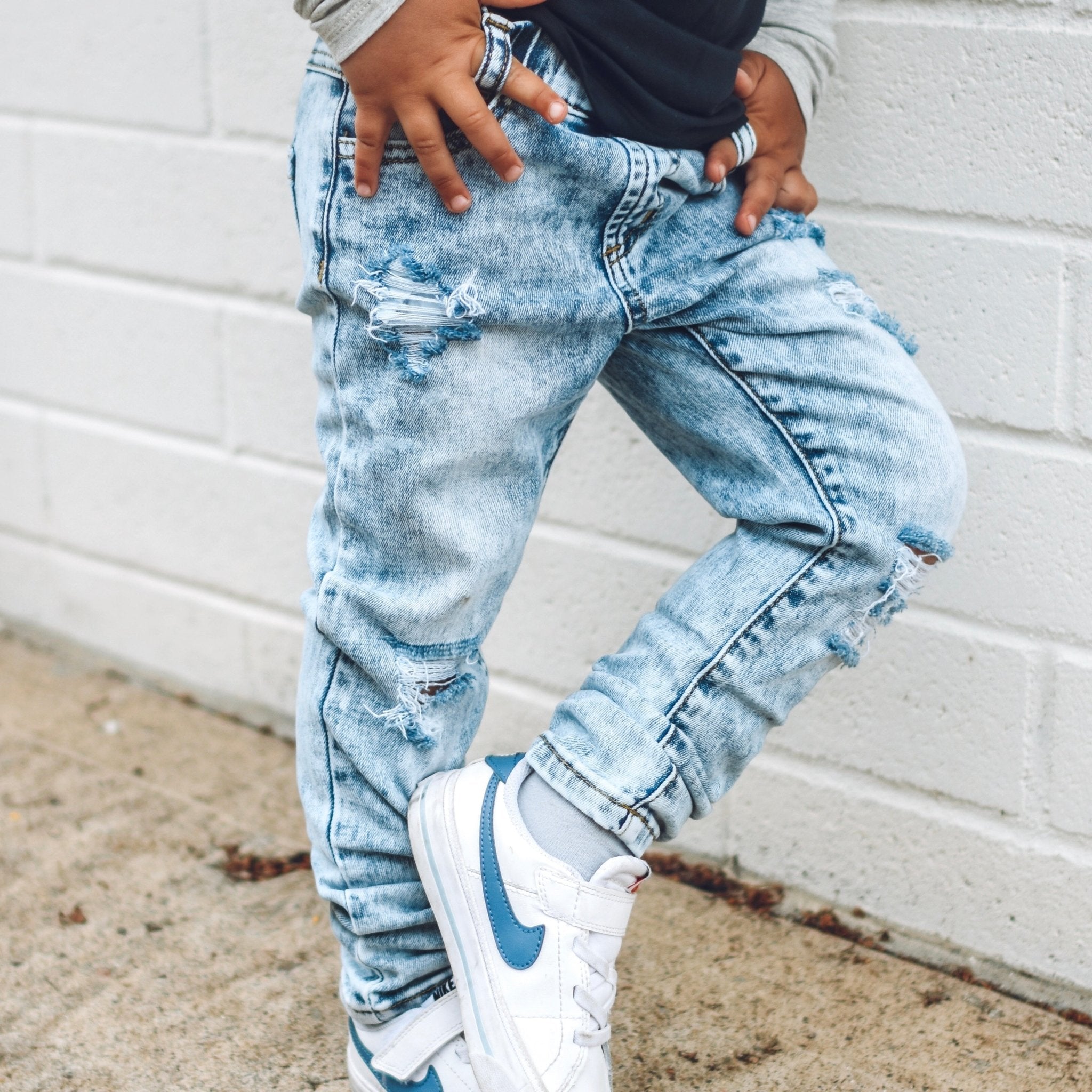 Little Girls Acid Wash Rip and Repair Denim Joggers