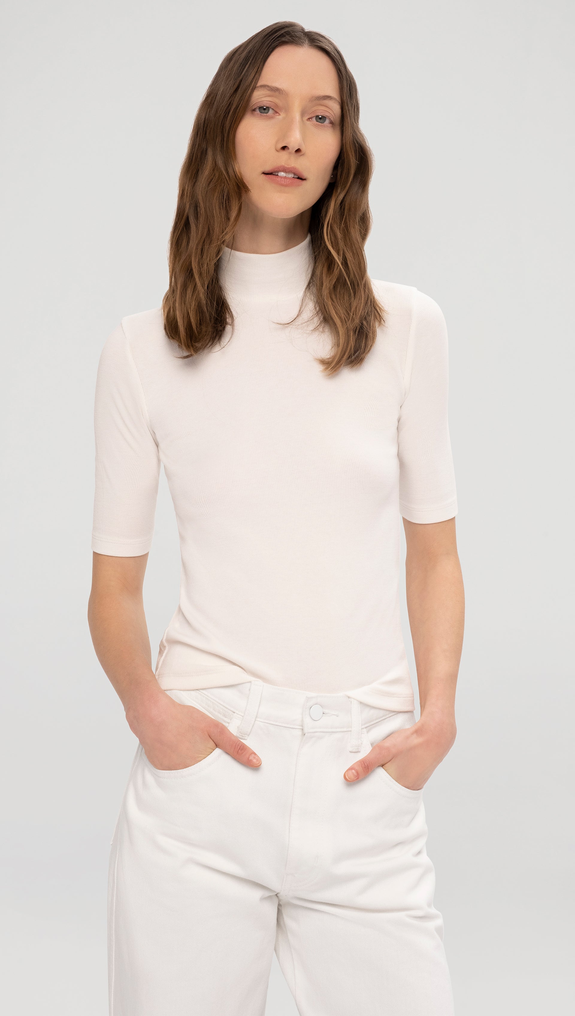 Mock Neck Tee in Ribbed Cotton | Work Shirts for Women | Argent