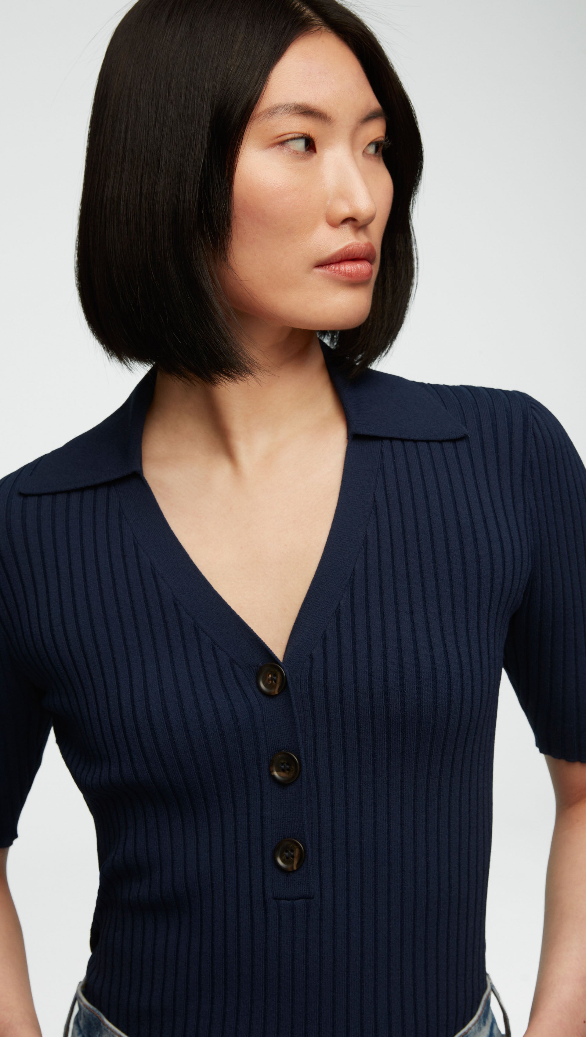 Ribbed Collar Top in Stretch Rayon | Navy