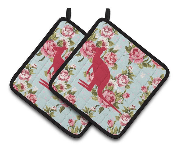 Kangaroo Shabby Chic Blue Roses   Pair of Pot Holders BB1008-RS-BU-PTHD - the-store.com