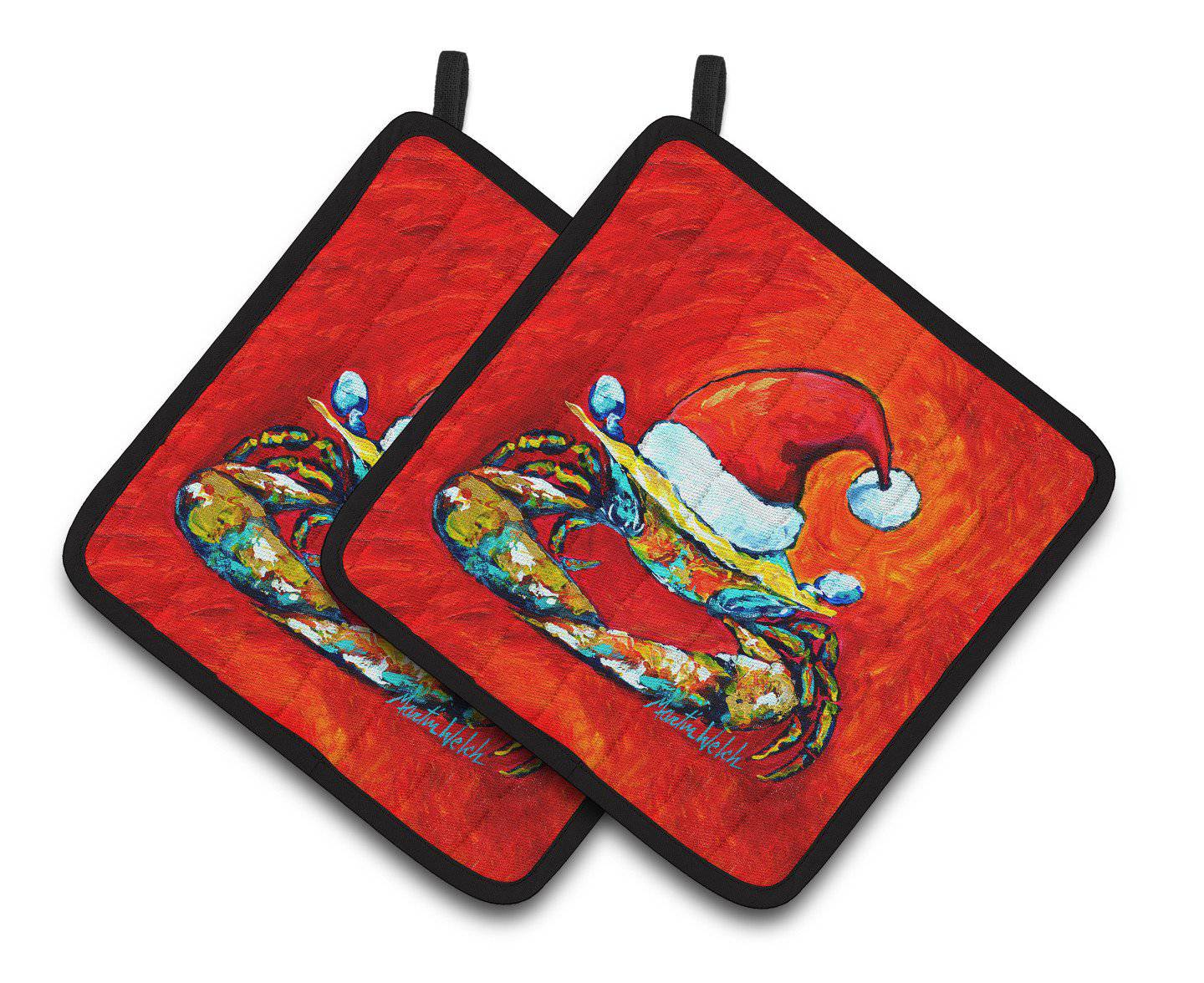 Crab in Santa Hat Santa Claws Pair of Pot Holders MW1169PTHD