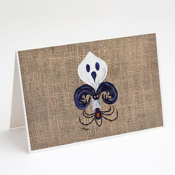 Buy this Halloween Ghost Bat and Spider Fleur de lis on Faux Burlap Greeting Cards and Envelopes Pack of 8