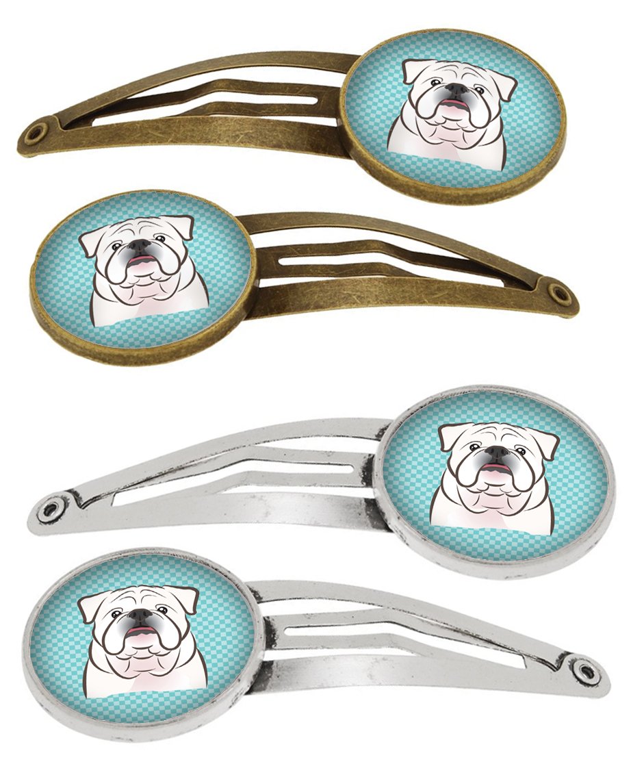 Checkerboard Blue White English Bulldog  Set of 4 Barrettes Hair Clips BB1158HCS4