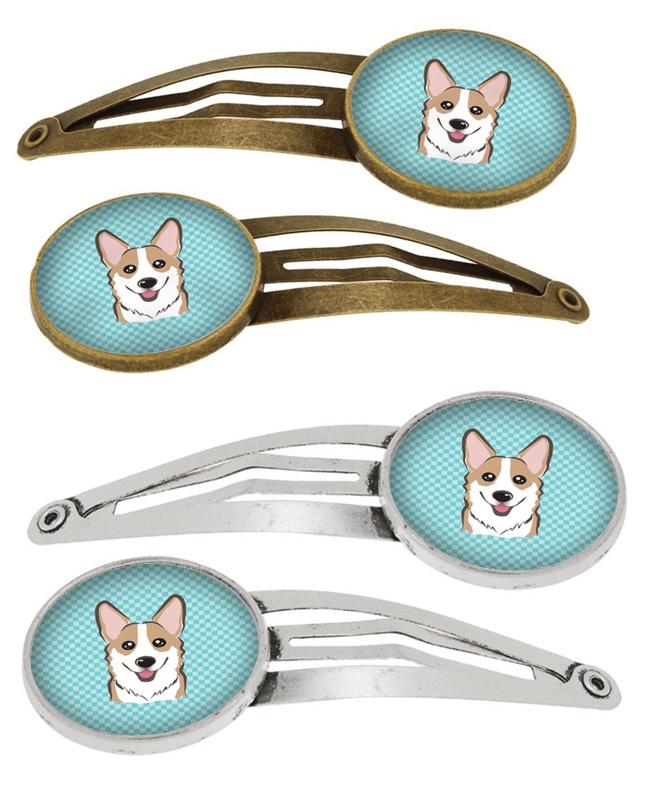 Checkerboard Blue Corgi Set of 4 Barrettes Hair Clips BB1191HCS4