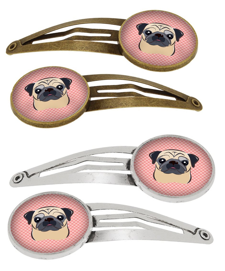 Checkerboard Pink Fawn Pug Set of 4 Barrettes Hair Clips BB1262HCS4