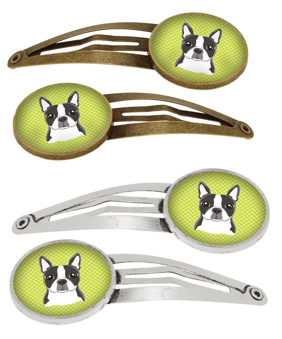 Checkerboard Lime Green Boston Terrier Set of 4 Barrettes Hair Clips BB1265HCS4