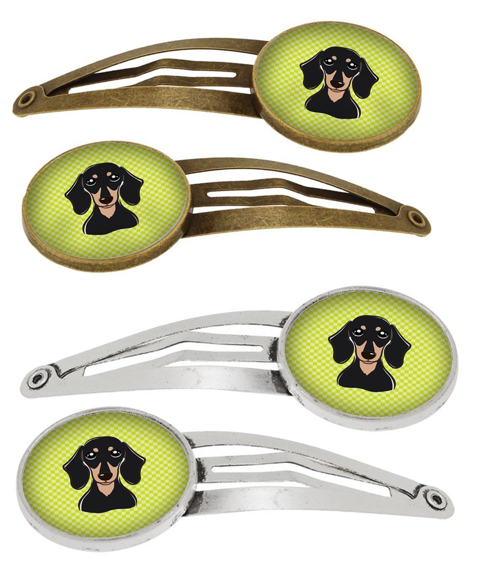 Checkerboard Lime Green Smooth Black and Tan Dachshund Set of 4 Barrettes Hair Clips BB1277HCS4