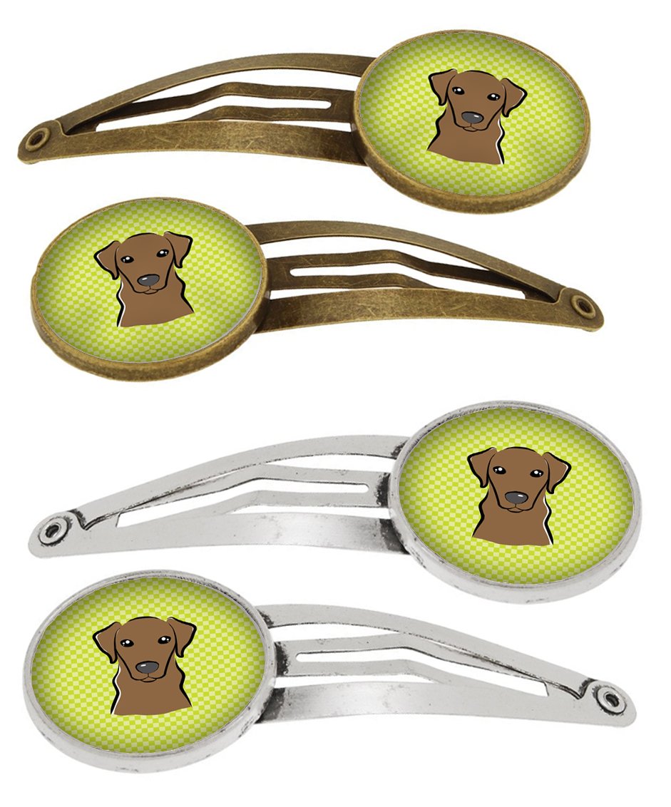 Checkerboard Lime Green Chocolate Labrador Set of 4 Barrettes Hair Clips BB1296HCS4