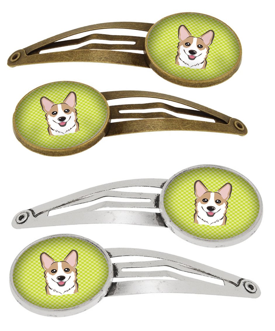 Checkerboard Lime Green Corgi Set of 4 Barrettes Hair Clips BB1315HCS4