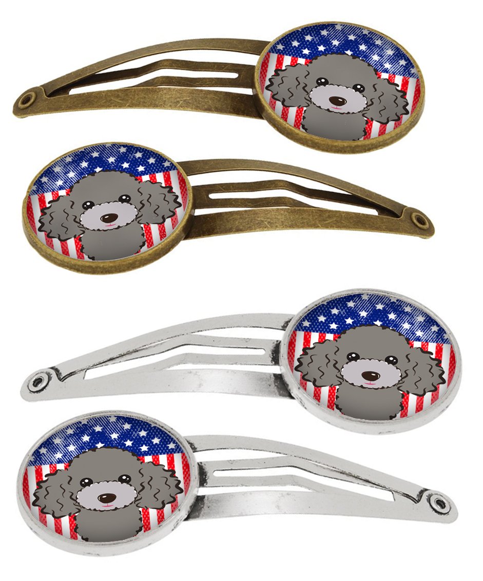 American Flag and Silver Gray Poodle Set of 4 Barrettes Hair Clips BB2189HCS4