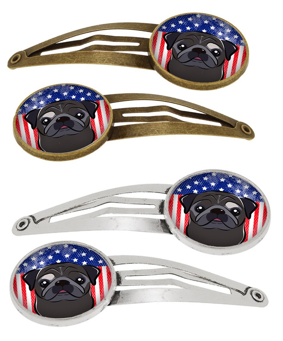 American Flag and Black Pug Set of 4 Barrettes Hair Clips BB2193