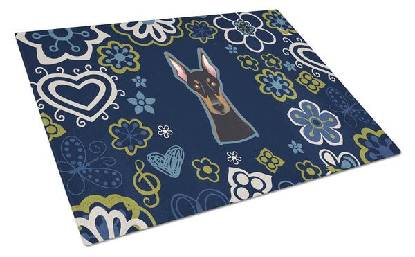 Blue Flowers Doberman Pinscher Glass Cutting Board Large BB5096LCB by Caroline's Treasures