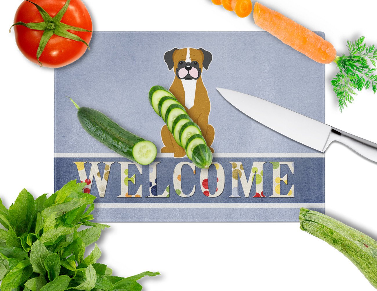 Flashy Fawn Boxer Welcome Glass Cutting Board Large BB5697LCB | the ...