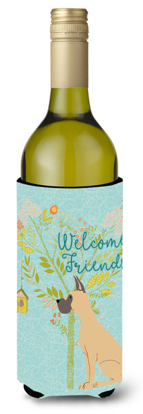 Welcome Friends Fawn Great Dane Cropped Ears Wine Bottle Beverge Insulator Hugger BB7589LITERK by Caroline's Treasures