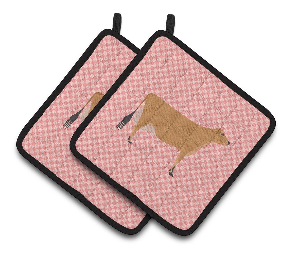 Jersey Cow Pink Check Pair of Pot Holders BB7829PTHD