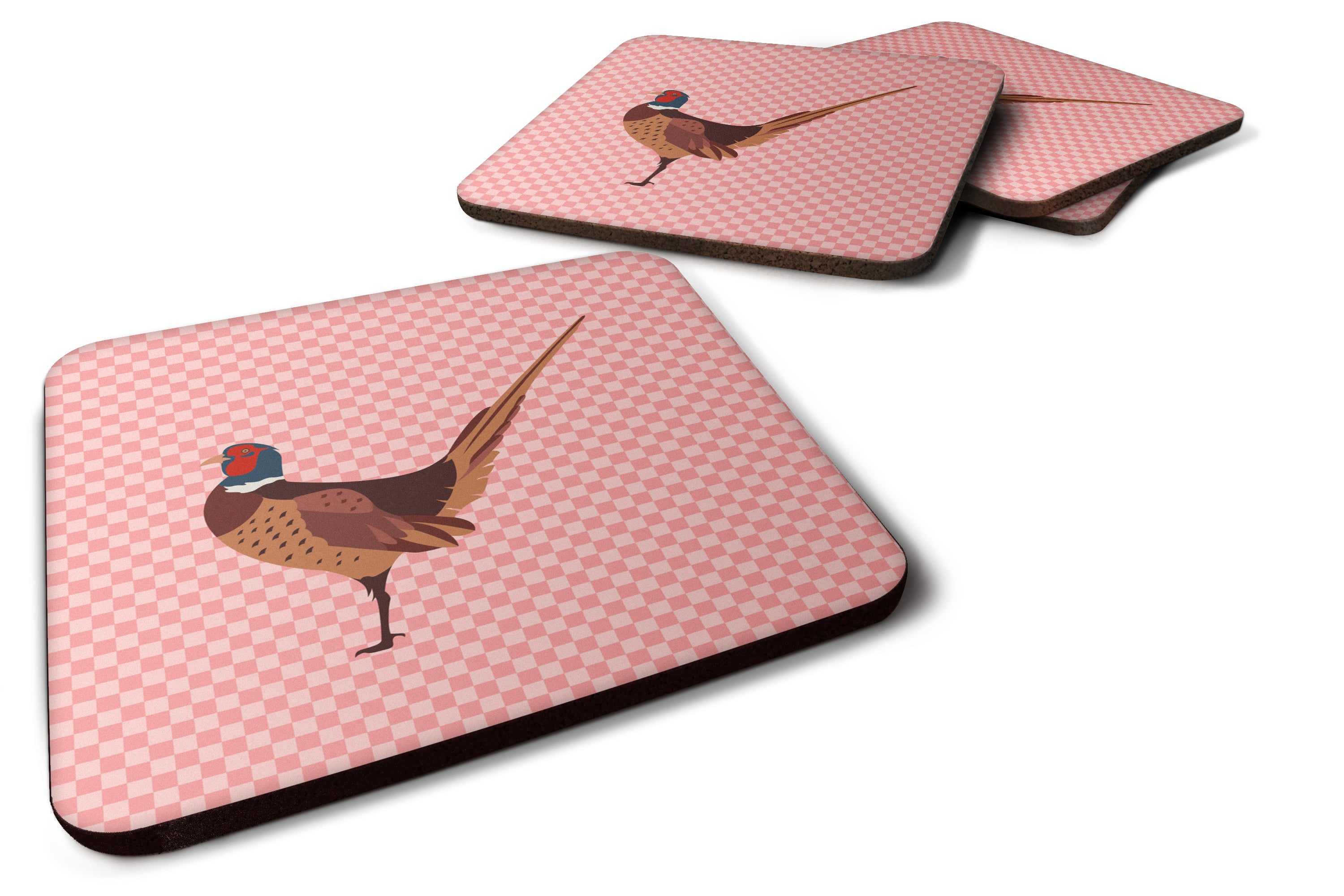 Ring-necked Common Pheasant Pink Check Foam Coaster Set of 4 BB7930FC