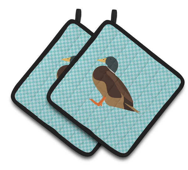 Silver Bantam Duck Blue Check Pair of Pot Holders BB8041PTHD by Caroline's Treasures