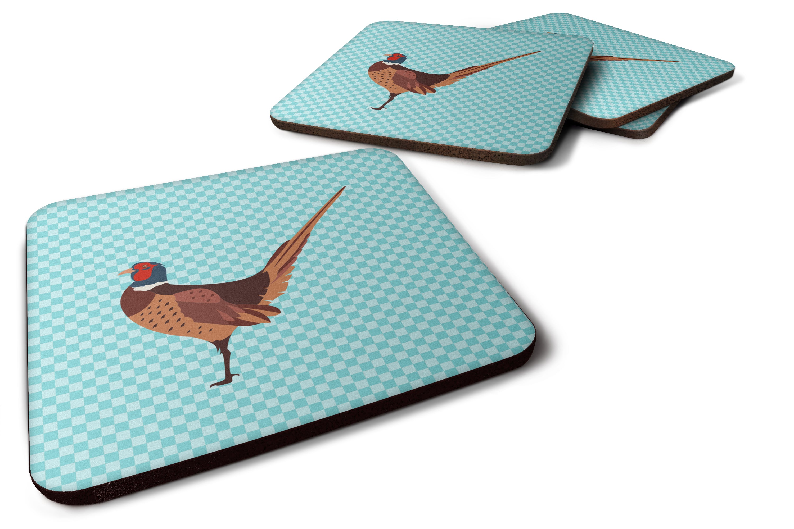 Ring-necked Common Pheasant Blue Check Foam Coaster Set of 4 BB8104FC