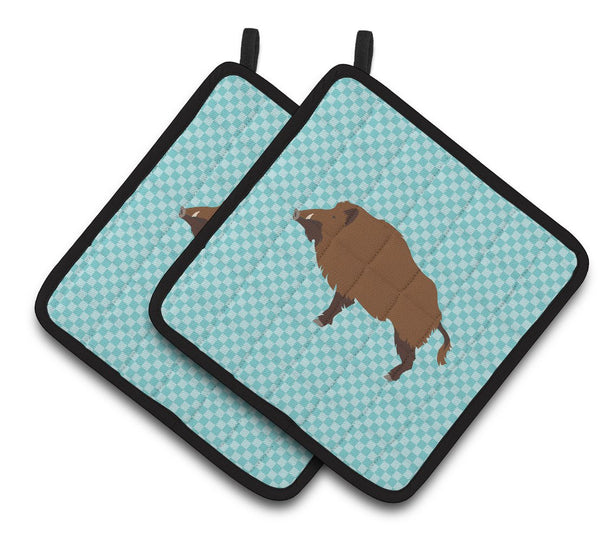 Wild Boar Pig Blue Check Pair of Pot Holders BB8110PTHD by Caroline's Treasures